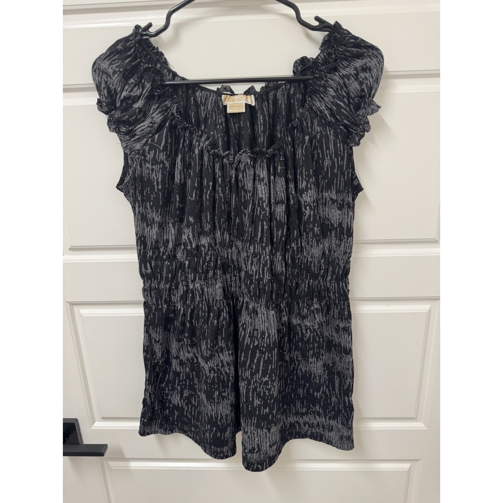Michael Kors Womens Medium Black Burnout Flutter Sleeve Elastic Waist Top